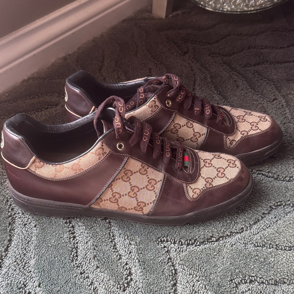 Gucci Brown/Beige GG Canvas and Leather Low Top Sneakers